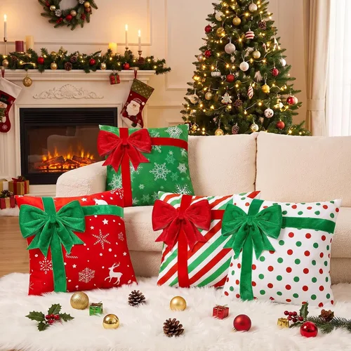 Vista 3 de Kingdder Fundas de almohada navideñas de 20 x 20 pulgadas, juego de 4 fundas de almohada de Navidad de granja, caja de regalo, decoración de lazo