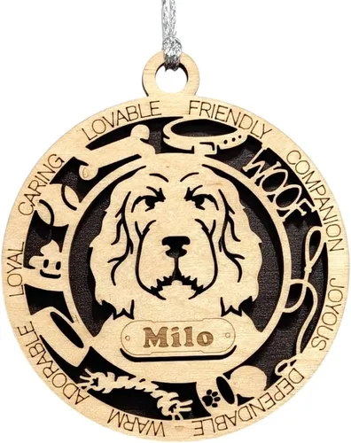 Vista 130 de Adorno de Navidad personalizado para perro Cavalier King Charles Spaniel, redondo de 3 pulgadas, madera cortada con láser de 2 capas, nombre y texto