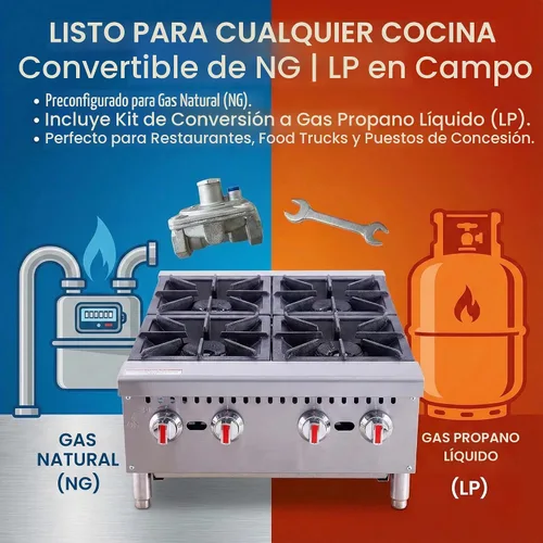 Vista 6 de Placa caliente de gas comercial de 24 pulgadas, rango de encimera de 4 quemadores 120,000 BTU, estufa de acero inoxidable resistente con rejillas