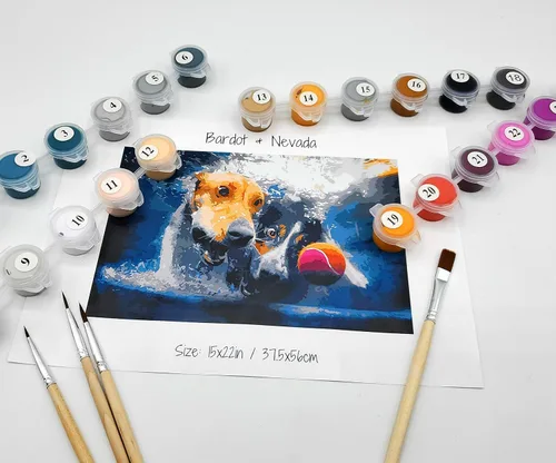 Vista 3 de Pintura por números para adultos – Perros submarinos Artistas Serie de fotos Kit de pintura por números con pinturas acrílicas, pinceles de lienzo