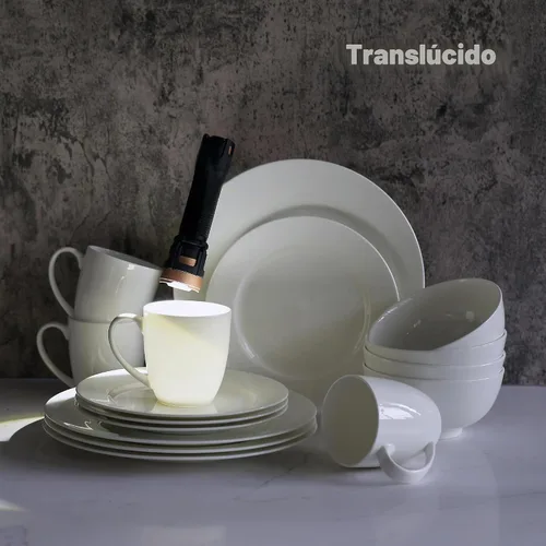 Vista 5 de Bone China - Juego de vajilla de 16 piezas, servicio para 4, blanco, apto para microondas, apto para lavavajillas, resistente a las astillas