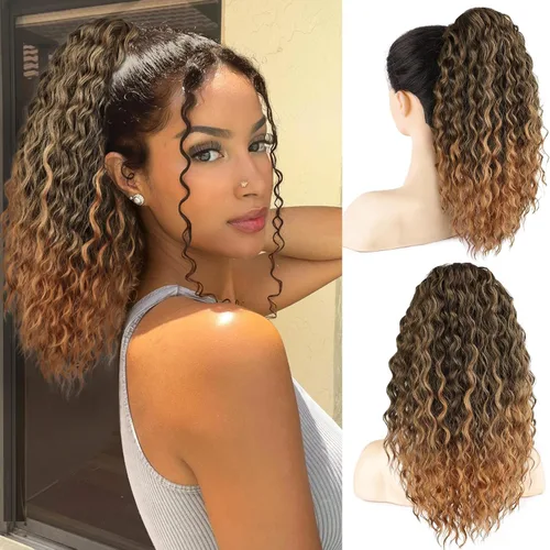 Vista 10 de FREEMEIGE Extensión de cola de caballo, cola de caballo rizada ondulada de 8 pulgadas para mujeres negras, corto, suave, natural, sintético, grueso