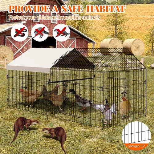 Vista 6 de Gallinero de metal, corralito de pollo para patio con cubierta, jaula portátil de metal para exteriores con 4 puertas y 1 ventana para gallina