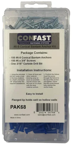 Vista 3 de CONFAST® #6-8 Kit de anclaje de pared de yeso azul cónico de plástico Bantam PAK68, incluye (100) anclas, (100) tornillos y (1) broca (201 piezas)