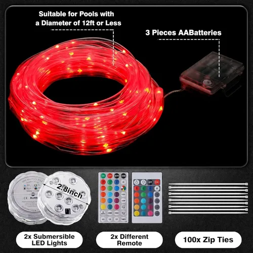 Vista 4 de Luces LED de 39.4 pies para piscinas sobre el suelo, iluminación de borde impermeable para piscinas de 12 pies, 2 paquetes de luces sumergibles