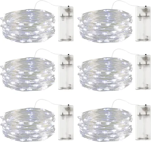Vista 8 de Guirnalda de luces parpadeantes a pilas, paquete de 6 unidades, cable Cooper de 6.6 pies, 20 L, impermeable, para interiores, para dormitorio Blanco