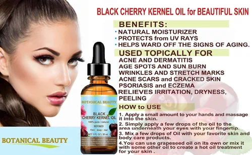 Vista 3 de Aceite de grano de cereza negra. Aceite portador prensado en frío 100% puro y natural refinado sin diluir para cara, piel, cuerpo, pies, cabello