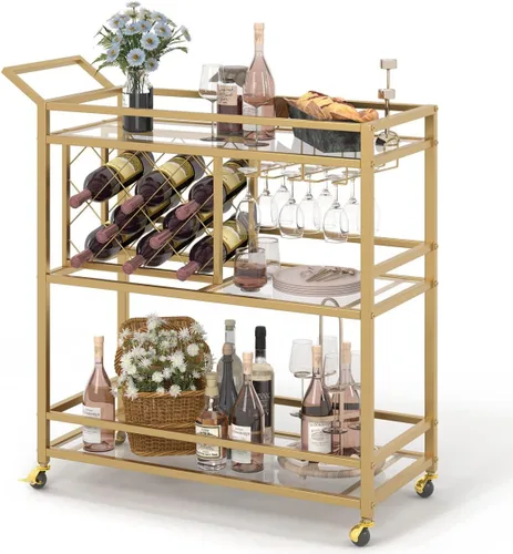 Vista 12 de FATORRI Carrito de bar para el hogar, carritos de vino rodantes sobre ruedas con estantes de madera de 3 niveles, carrito de bebidas de licor