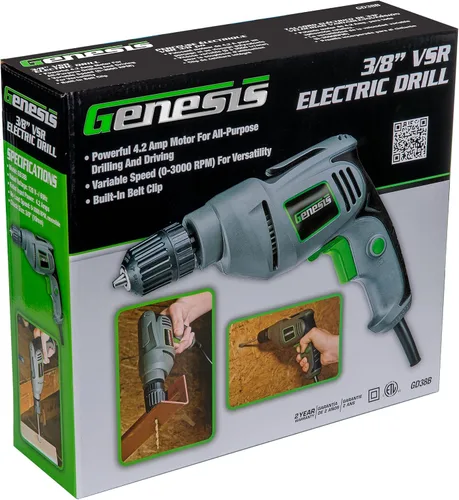 Vista 6 de Taladro con cable Genesis de 4.2 amperios, velocidad variable reversible, eléctrico con portabrocas sin llave de 3/8 pulgadas, clip de cinturón