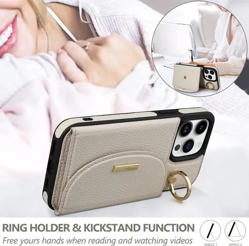 Vista 4 de Funda tipo cartera para iPhone 14 Pro Max de 6.7 pulgadas, con ranuras para tarjetas, soporte para anillos, funda protectora de piel sintética