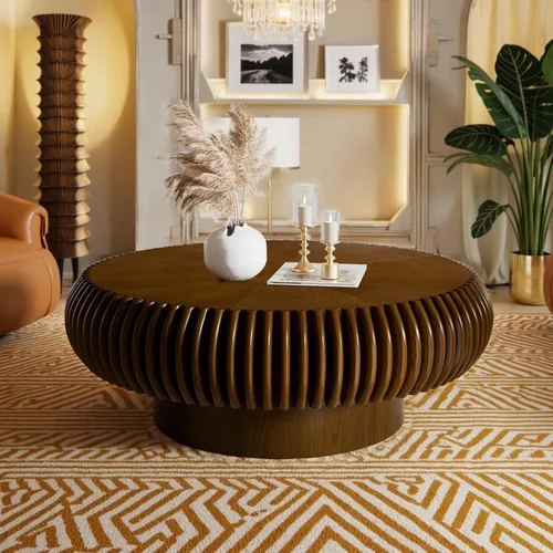 Vista 12 de Mesa de centro redonda de tambor estriado para sala de estar, mesas de centro modernas de mediados de siglo con pedestal resistente, mesa de té negro