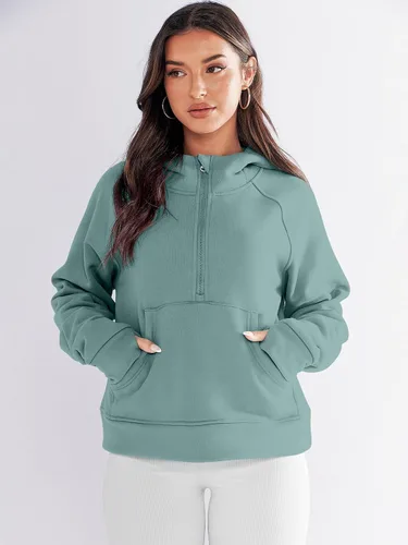 Vista 3 de Prinbara Sudaderas con capucha corta con media cremallera para mujer, sudadera de forro polar con cremallera de un cuarto, ropa de otoño