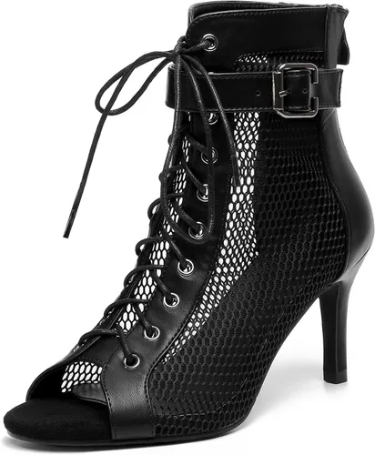 Vista 10 de Susanny Botas de tacón alto para mujer, Botas de plataforma con tacón sexy de puntera redonda con agujetas, tacón alto, botas de media pantorrilla