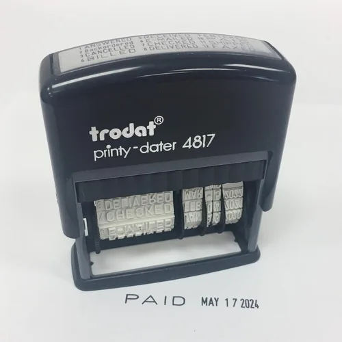 Vista 4 de Trodat Printy 4817 Economy Dial-A-Phrase, 12 mensajes populares de oficina, mes en letras, día y año en números, sello de fecha de goma – Negro