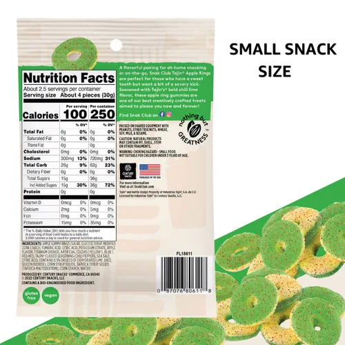 Vista 2 de Snak Club Tajin Anillos de Manzana, Bocadillos Gomosos Dulces y Sabrosos, Tamaño de Aperitivo de 2.5oz, 12