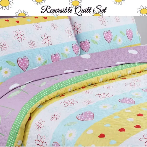 Vista 6 de Cozy Line Home Fashions Playful Girl Fun Heart Floral Kids Juego de ropa de cama de 2 piezas multicolor morado, rosa, amarillo, azul, poliéster a