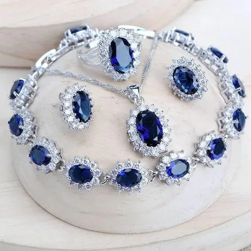 Vista 2 de Plata 925 mujeres nupcial joyería conjuntos azul zirconia traje joyería fina boda collar pendientes anillos pulseras colgante conjunto, Metal