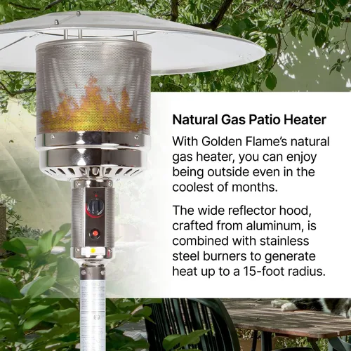 Vista 3 de Golden Flame Calentador de patio de gas natural serie XL, 45,000 BTU, 89 pulgadas de alto, encendido con botón, seguridad antiinclinación, ruedas