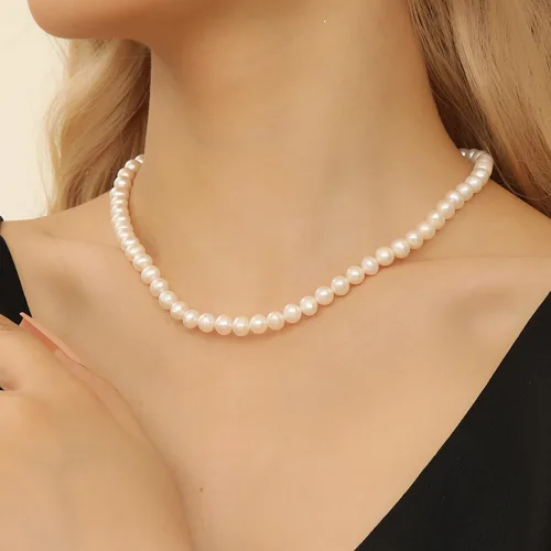 Vista 2 de AAA+ - Collar de perlas blancas de agua dulce de calidad para mujer, perlas blancas redondas de 0.25 a 0.27 pulgadas con cadena de plata de ley 925