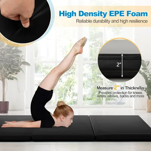 Vista 3 de Goplus Esterilla de Gimnasia Plegable, 6' x 2' x 2'' de Grosor Tri-Fold Esterilla de Ejercicio y Volteretas con Asas de Transporte, Cierre de Gancho
