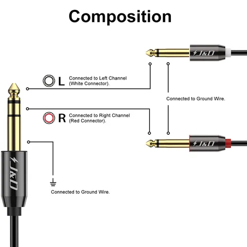 Vista 2 de J&D Cable de inserción estéreo TRS en Y de 1/4 de pulgada, (paquete de 2) carcasa de cobre chapada en oro de 0.250 in 1/4 de pulgada TRS macho a
