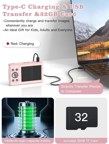 Vista 4 de Cámara digital actualizada, cámara FHD 1080P de 56 MP para niños con zoom de 16 x antivibraciones, cámara para niños con tarjeta TF de 32 GB, dos