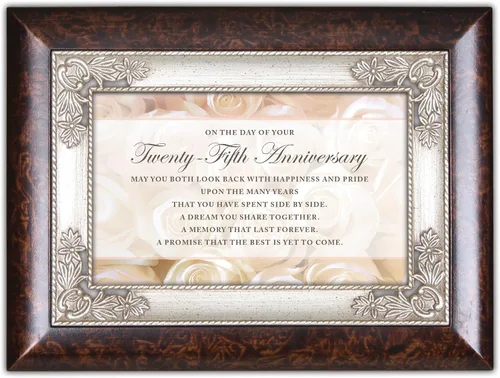 Vista 2 de Cottage Garden Caja de música con texto en inglés "Twenty Fifth Anniversary Happines Burlwood Jewelry Plays Unchained Melody