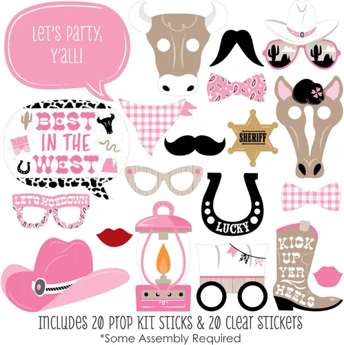 Vista 2 de Big Dot of Happiness Pink Western Hoedown - Kit de accesorios para cabina de fotos para fiesta de caballo vaquera, 20