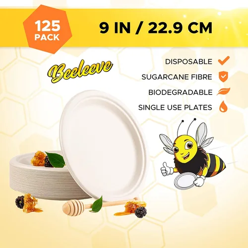 Vista 2 de Paquete de 125 platos de papel blanco – Platos redondos compostables de bagazo desechables compostables de 9 pulgadas, hechos de fibra de caña