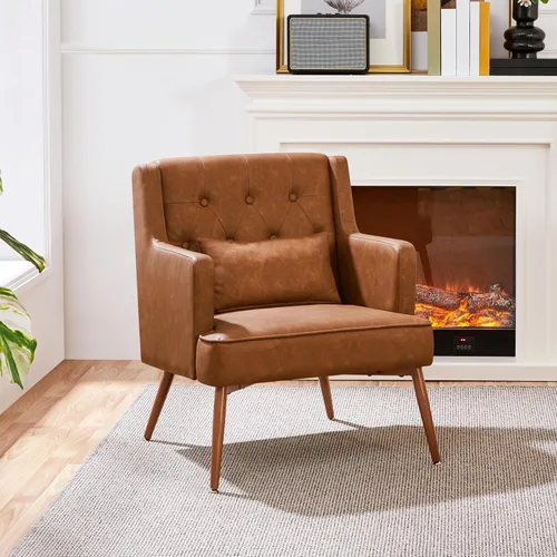 Vista 2 de Yaheetech Silla decorativa, silla de sala de estilo Mid Century con cojín lumbar de piel sintética PU, cómoda silla tapizada para leer con patas