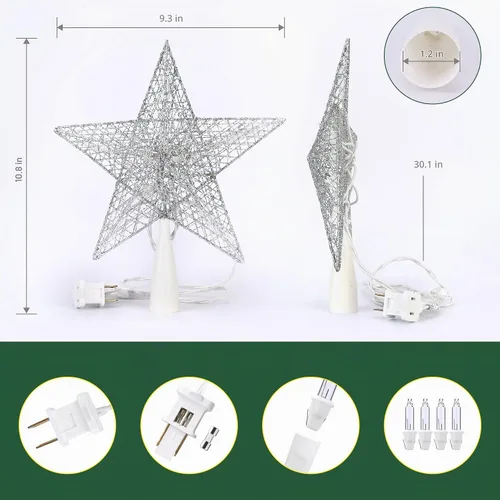 Vista 6 de BrizLabs Luces de Estrella para la Copa del Árbol de Navidad, Enchufables de 9" Pentagrama Luces para la Copa del Árbol de Navidad, Certificadas UL