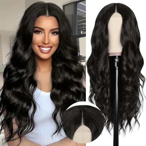 Vista 24 de NAYOO Peluca larga ondulada rubia ombré para mujer, de 26 pulgadas, parte media, rizada, ondulada, de aspecto natural, fibra sintética resistente al