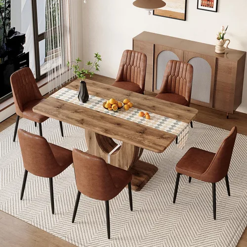 Vista 9 de Moderno juego de mesa de comedor para 6, mesa de cocina de madera con sillas de cuero, juego de mesa de comedor de 7 piezas con parte superior