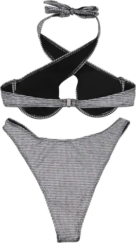Vista 4 de JUMISEE Bikini con tiras de holograma brillante neón para mujer, sexy, halter envolvente, traje de baño con tanga para fiesta rave