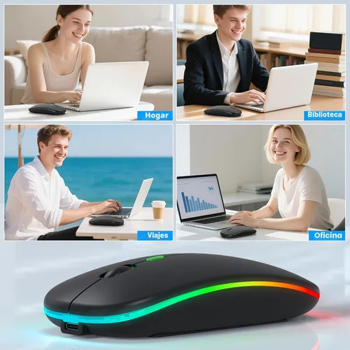 Vista 5 de Ratón inalámbrico LED Bluetooth para MacBook Air iPad Pro Mac Laptop PC - Ratón inalámbrico RGB delgado, 3 modos BT 5.2 y 2.4G USB-A/Tipo-C