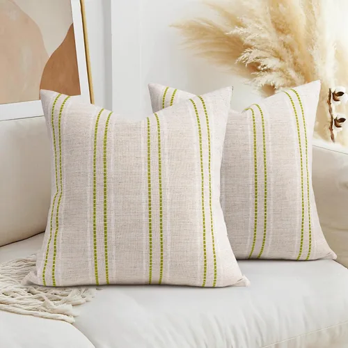 Vista 37 de AELS Fundas de Almohada Decorativas de Lino Estilo Granja de 16x16, Funda de Almohada con Textura Boho, Juego de 2, Beige con Rayas de Hilo Teñido
