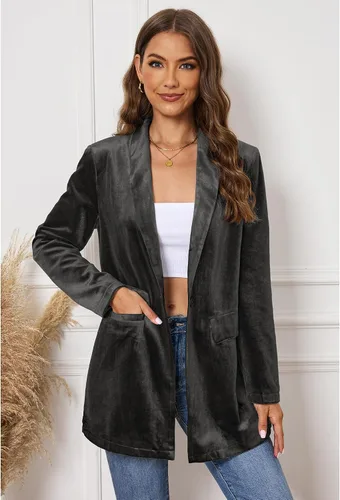 Vista 6 de GRAPENT Chaquetas de terciopelo para mujer, de negocios, casual, de gran tamaño, chaqueta de traje largo elegante, chaqueta de trabajo y oficina
