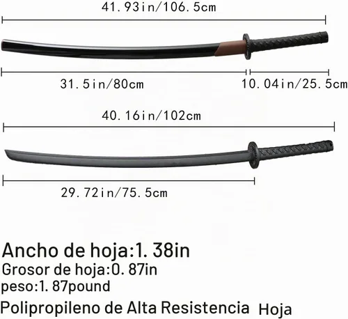 Vista 2 de con funda de espada Katana, aproximadamente 41 pulgadas, hoja de polipropileno de alta dureza para realizar accesorios de cosplay Aikido