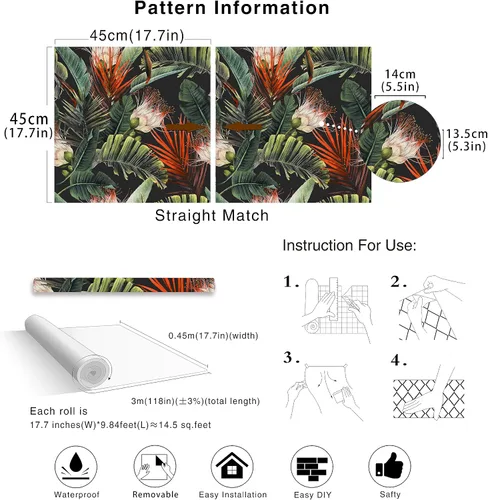 Vista 7 de HAOKHOME Papel tapiz removible con diseño floral de selva para despegar y pegar, papel de pared de vinilo negro/verde/rojo, papel de contacto, 17.7