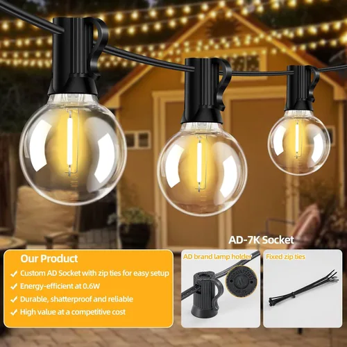 Vista 6 de Luces de cadena LED G40 para exteriores de 25 pies con 12+1 bombillas, enchufe E12, blanco cálido de 2700K, grado comercial, resistente a