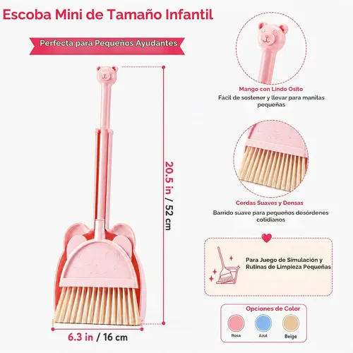 Vista 3 de Mini escoba con recogedor para niños, juego de pequeño ayudante de limpieza (rosa)