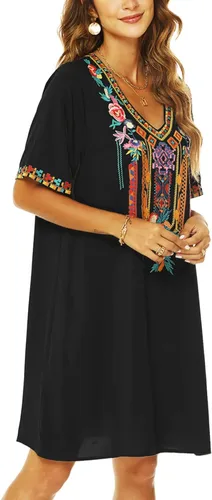 Vista 3 de AK Vestido campesino mexicano bohemio de verano para mujer, manga corta, floral, bordado, suelto, hippie, túnica bohemia