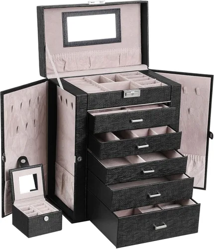 Vista 9 de ANWBROAD Caja de joyería grande de 6 niveles, organizador de joyas con cerradura de espejo, caja de joyería para niñas, aretes, anillos, collares