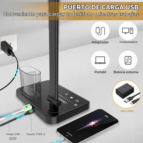 Vista 4 de CHARYJOD Lámpara de escritorio LED retráctil regulable con puerto de carga USB, 50 modos de iluminación, brazo doble oscilante, arquitecto, lámpara