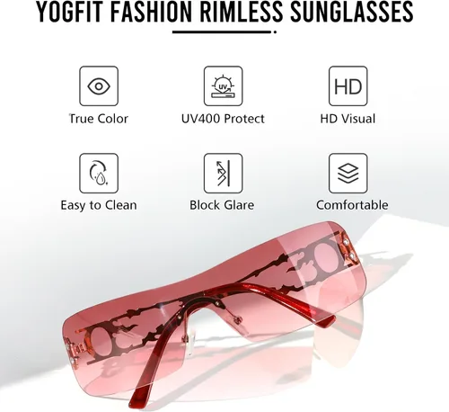 Vista 3 de YOGFIT Lentes de sol Y2K sin montura para mujeres y hombres, a la moda, envolventes, futuristas, geniales