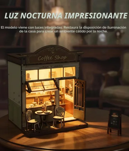 Vista 6 de Kit de rincón de libros DIY Cafetería Casa en miniatura Rompecabezas de madera 3D con luz LED, decoración de estantería pequeña kit de construcción