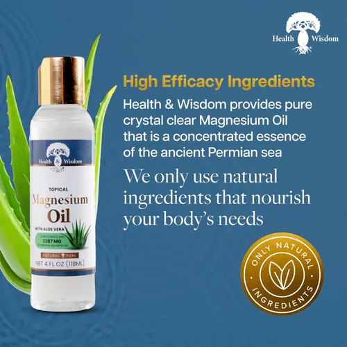Vista 3 de Health & Wisdom Aceite de magnesio puro con aloe vera, alivio tópico muscular y articular, hidratante natural y puro para la piel, absorción