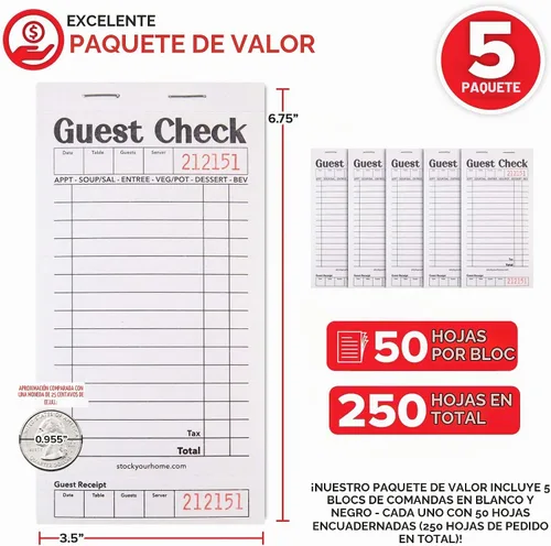 Vista 2 de Stock Your Home Libros de Cheques de Huéspedes en Blanco y Negro para Meseros (Paquete de 5) Blocs de Notas de Mesero, Talonario de Cheques