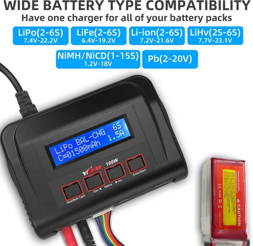 Vista 3 de Cargador de batería RC AC/DC 100 W Lipo Cargador Lipo Cargador de batería para 2S 3S-6S 7.4 V 11.1 V Paquetes de baterías Lipo con TRX/clip