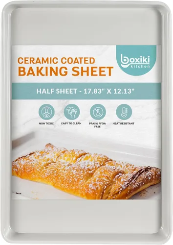 Vista 11 de Boxiki Kitchen Bandeja antiadherente para hornear y galletas, no tóxica de acero al carbono con borde de 11 x 14 pulgadas. Resistente a abolladuras